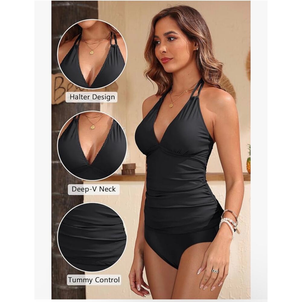 NWT Yonique Halter Tankini Top V Neck Swim Top Tummy Control Bathing Suit L - Picture 5 of 7